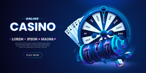 Online casino banner design with slot machine, playing cards, flying poker chips, wheel fortune and pair of dice. Gambling concept. 3d style. Ideal for website, promo, mobile app. Vector illustration - obrazy, fototapety, plakaty