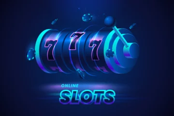 Foto op Plexiglas Vector slot machine with flying poker chips around. Isolated on dark blue background. Online Casino slots banner concept. Lucky triple sevens. Gambling illustration. © alexandertrou