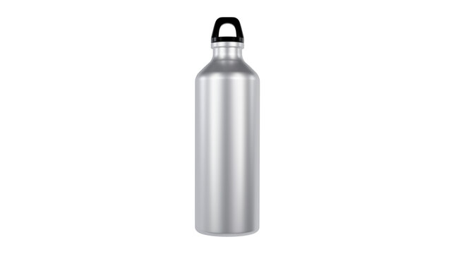 Silver metal water bottle with bung isolated on transparent and white background. Bottle concept. 3D render