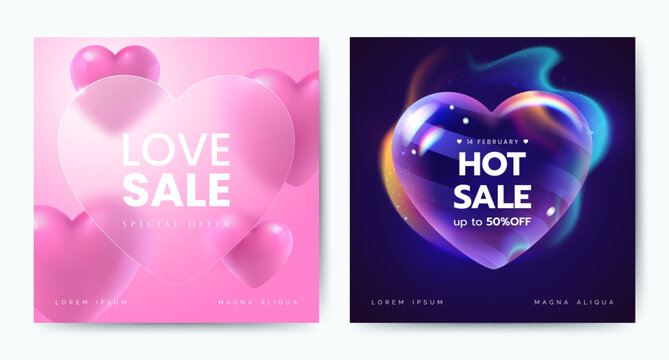 Creative Valentine's Day Sale promo banner design with transparent glossy glass heart and place for text. Colorful heart in fire. Realistic 3d style. Ideal for greeting card, social media.