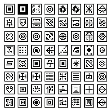 Set of black and white abstract icon symbol logo tiles for design on transparent background