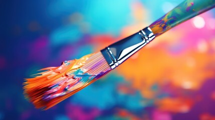 A paint brush is being used to apply color on a colorful background, AI