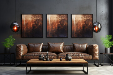 Frame gallery mockup in modern living room interior with leather sofa made with AI