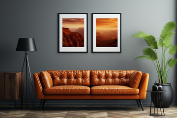 Frame gallery mockup in modern living room interior with leather sofa made with AI