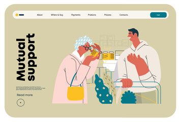 Mutual Support: Helping a visually impaired person -modern flat vector concept illustration of man offering to read label for woman in supermarket A metaphor of voluntary, collaborative exchanges