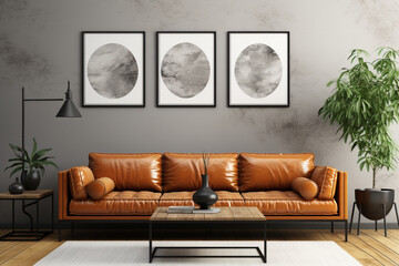 Frame gallery mockup in modern living room, minimalist industrial style made with AI