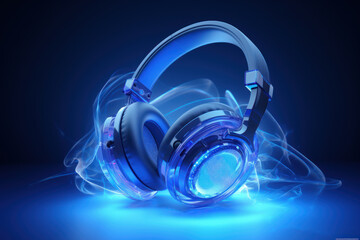 Fototapeta na wymiar Blue Headphones on Glitchy Blue Background