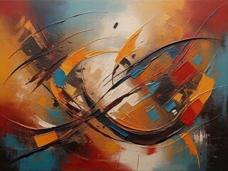 A conceptual abstract art piece with vivid colors and wavy haotic shapes, modern poster. Oil on canvas