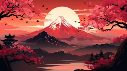Crédence de cuisine en verre imprimé Corail Artistic Japanese Cherry Blossom Landscape