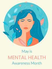 Banner for Mental Health Awareness Month in May. Girl with leaves on a light background