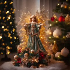 Dekoracja świąteczna - aniołek - stojący w pokoju w domu obok ustrojonej choinki - obrazy, fototapety, plakaty
