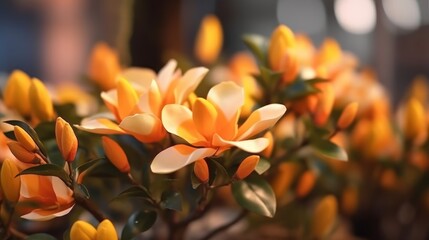 Beautiful yellow magnolia flowers on blurred background, shallow depth of field. Springtime...