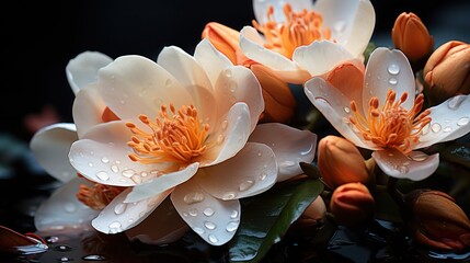Beautiful magnolia flowers with water drops on black background, closeup. Springtime Concept....