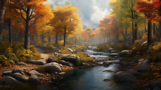 Tranquil forest scene in autumn, showcasing a carpet of colorful leaves, towering trees