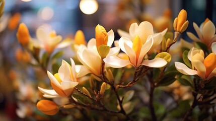 Beautiful yellow magnolia flowers on tree in the garden. Springtime Concept. Magnolia Flowers....