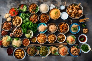 Top view of a Thai street food ,The market in Thailand is full of food. And will sell on the...