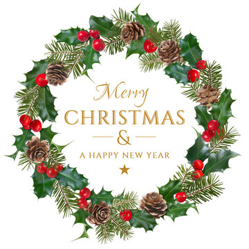 Ilexkranz, Weihnachtskranz aus Tanne, Ilex und L&auml;rchenzapfen mit Merry Christmas Schrift, freigestellt