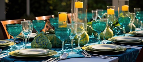 The festive table was adorned with an Indian inspired abstract pattern showcasing the vibrant colors of green and blue reminiscent of the lively spring in India while the texture of the tab - obrazy, fototapety, plakaty
