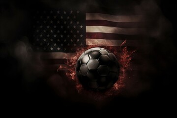 Patriotic Soccer Blaze: A Cinematic Background Wallpaper featuring an Exploding Soccer Ball, Flames Engulfing the USA Flag, Capturing the Dynamic Energy and Pride of Athletic Triumph
