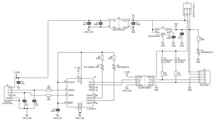 Technical schematic diagram of electronic device.
Vector drawing electrical circuit with button, controller, 
usb, led, integrated circuit, capacitor, resistor,
and other electronic components.