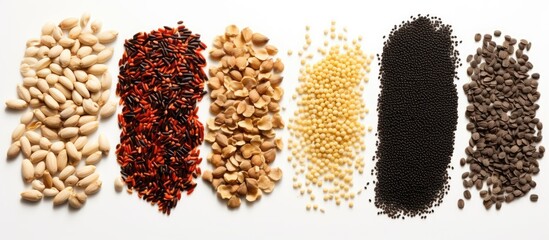 The isolated food set on a white background features a collage of black red and white grains like...