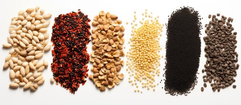 The isolated food set on a white background features a collage of black red and white grains like wheat rice corn and rye