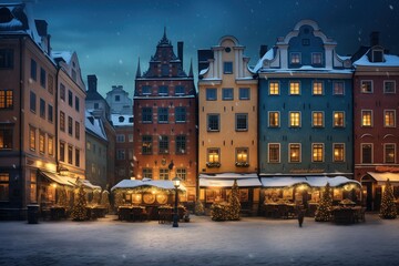 Stockholm, Sweden. Abstract image quality scenic Christmas Market in Gamla Stan, fairy winter night. - obrazy, fototapety, plakaty