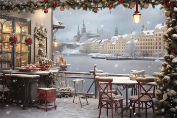 Stockholm, Sweden. Abstract image quality scenic Christmas decorated houses, snowy downtown streets.