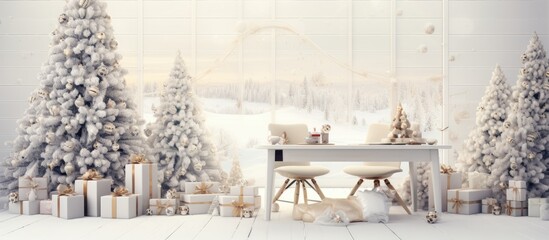 The design of the Christmas themed background on the white paper office incorporated a wooden table accompanied by a ribbon adorned tree creating a winter wonderland filled with warm light 