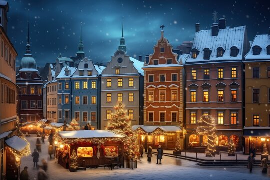 Stockholm, Sweden. Abstract image quality scenic Christmas Market in Gamla Stan, fairy winter night.