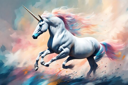 painting style illustration, dream unicorn portrait in running gallop motion, Generative A