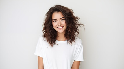 
Portrait of a young and beautiful brunette woman on white background, smiles and laughs to the camera. Advertising concept.