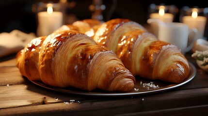 A croissant a golden brown flaky pastry boasts