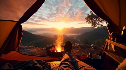 man sitting on top of a mountain with a tent and a mug of tea on the background of a sunset. camping in the mountains