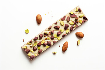 White milk chocolate bar with almond and pistachios on white background top view