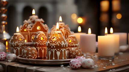 Fototapeta na wymiar A ginger bread house with candles around on it