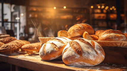 fresh bread on a table in the kitchen - obrazy, fototapety, plakaty
