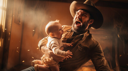 boy with father in cowboy hat - obrazy, fototapety, plakaty