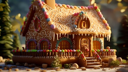 A ginger bread house with swirl on it