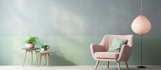 Modern flat interior with white grey and green chair round table pastel lamps sofa and pink armchair - obrazy, fototapety, plakaty