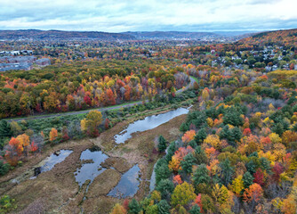 marsh with lake (aerial view in autumn with fall foliage) binghamton university nature preserve...