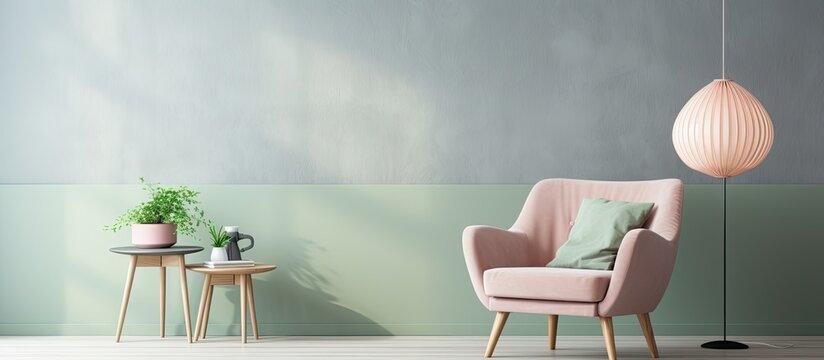 Modern flat interior with white grey and green chair round table pastel lamps sofa and pink armchair