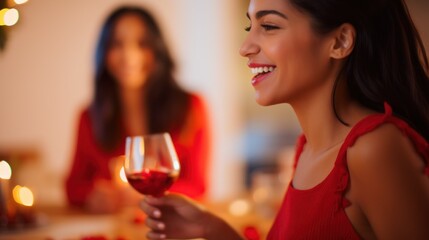 Fototapeta na wymiar Happy woman holding a wine glass