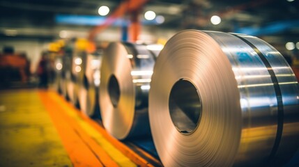 Rolls of metal lined up in a large factory warehouse - obrazy, fototapety, plakaty