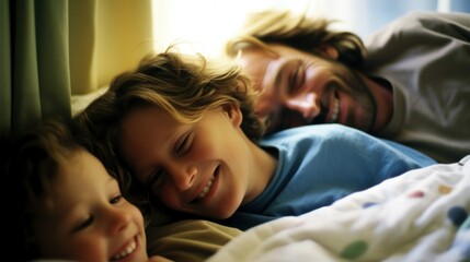 A father and his two kids peacefully resting in bed, creating a heartwarming scene of love and togetherness.