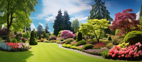 Obraz premium The summer sky is filled with a vibrant backdrop as lush green trees swaying grass and blooming flowers create a picturesque landscape garden complemented by the gentle light and spacious e