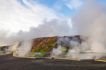 geothermal steam rises from the earth at Deildartunguhver, Iceland
