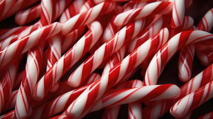 Red and white peppermint candy canes on a dark background.