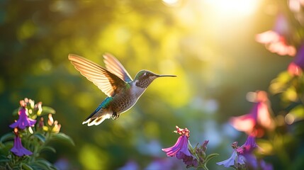 Obraz premium In a Green Oasis Bathed in Morning Sunlight, a Hummingbird Quenches its Thirst, Wings Radiant