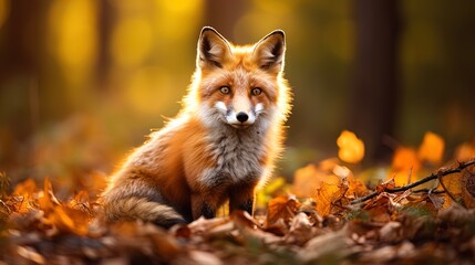Naklejka na ściany i meble In Golden Woodlands, a Fox with Emerald Eyes Resembles a Nature Sprite